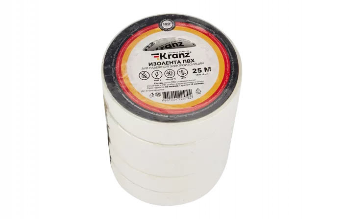 KR-09-2201 Изолента ПВХ KRANZ 19 мм х 25 м, белая, упаковка 5 роликов
