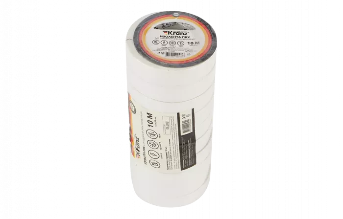 KR-09-2001 Изолента ПВХ KRANZ 0.13х15 мм, 10 м, белая упаковка 10 роликов