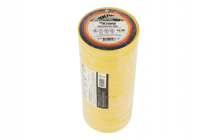 KR-09-2002 Изолента ПВХ KRANZ 0.13х15 мм, 10 м, желтая упаковка 10 роликов