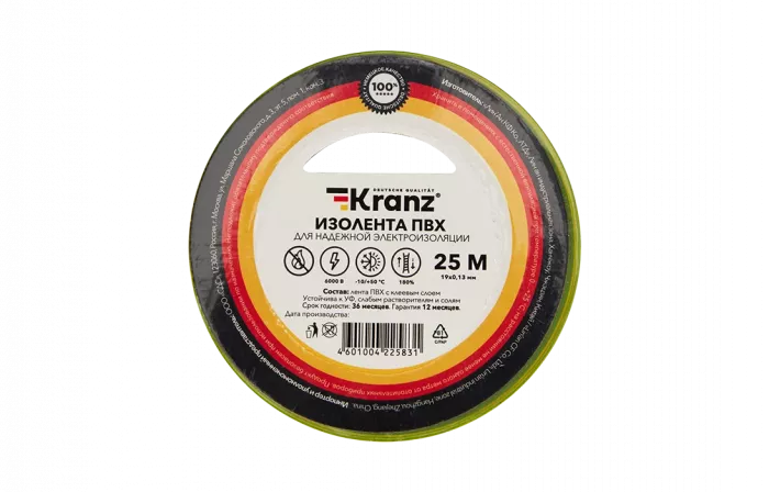 KR-09-2207 Изолента ПВХ KRANZ 0.13х19 мм, 25 м, желто-зеленая упаковка 5 роликов