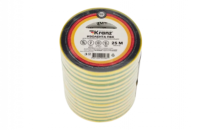 KR-09-2207 Изолента ПВХ KRANZ 0.13х19 мм, 25 м, желто-зеленая упаковка 5 роликов