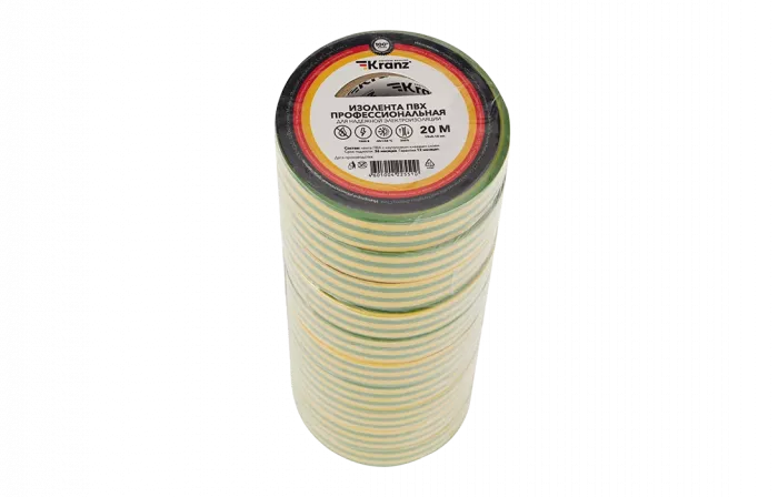 KR-09-2807 Изолента ПВХ KRANZ профессиональная, 0.18х19 мм, 20 м, желто-зеленая упаковка 10 роликов