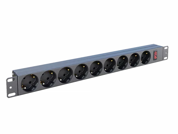 Блок розеток БР-9SCH-16А-С14 Блок розеток 19", 9 Schuko, максимальный ток 16А, без шнура, разъем под IEC C14