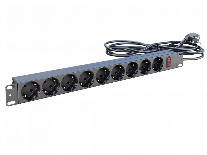 Блок розеток БР-9SCH-16А-Ш-1,8SCH Блок розеток 19", 9 Schuko, максимальный ток 16А, шнур 1,8 м
