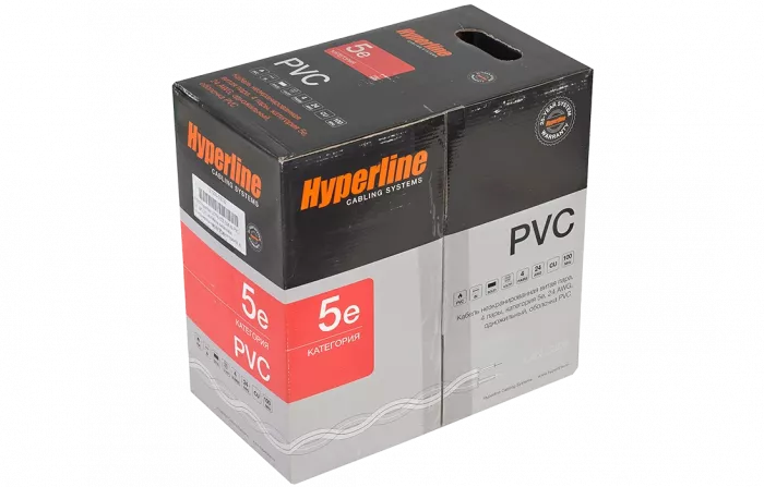 41903 Hyperline UUTP4-C5E-S24-IN-PVC-GY-305 (305 м) Кабель витая пара, неэкранированная U/UTP, категория 5e, 4 пары (24 AWG), одножильный (solid), PVC
