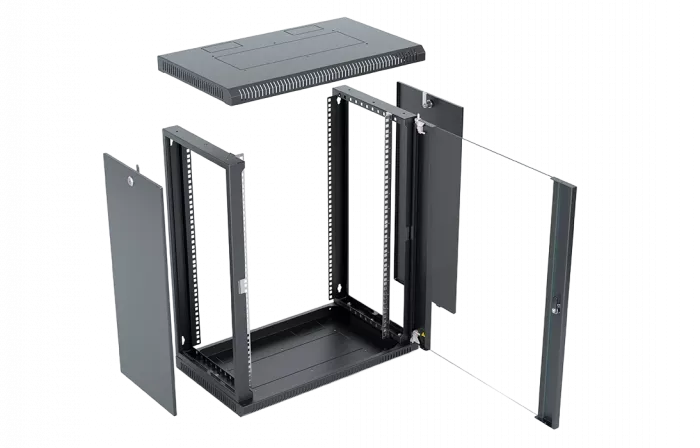 Шкаф телекоммуникационный настенный разборный со съемными боковыми стенками 19”,18U(600x550), ШТ-НСрМ-18U-600-550-С-Ч дверь стекло черный