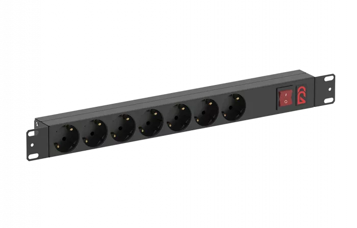 Блок розеток БР-7SCH-10А-C14, 7 розеток Schuko,выключатель с подсветкой, без шнура, разъем под шнур IEC C14