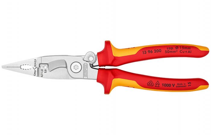 KN-1396200	Клещи электромонтажные VDE, 6-в-1, 200 мм, защёлка-"собачка", хром, 2-комп диэлектрические ручки