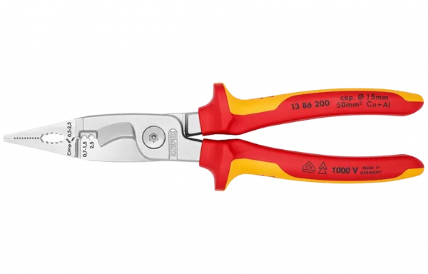 KN-1386200	Клещи электромонтажные VDE, 6-в-1, 200 мм, хром, 2-комп диэлектрические ручки