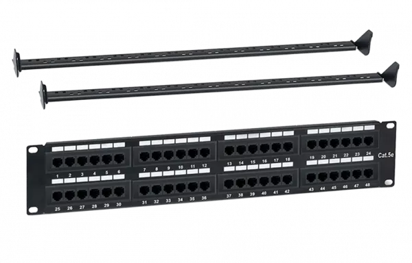 WRline WR-PL-48-C5E-D Патч-панель 19" (2U), 48 портов RJ-45, категория 5e, Dual IDC, с задним кабельным организатором, цвет черный