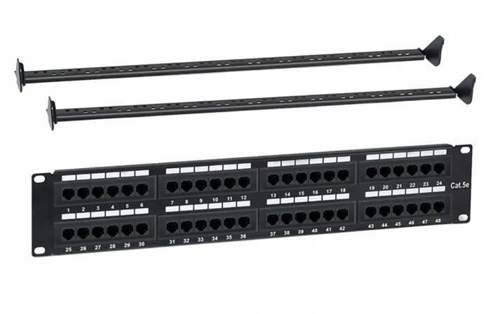 WRline WR-PL-48-C5E-D Патч-панель 19" (2U), 48 портов RJ-45, категория 5e, Dual IDC, с задним кабельным организатором, цвет черный