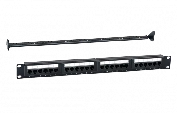WRline WR-PL-24-C5E-D Патч-панель 19" (1U), 24 порта RJ-45, категория 5e, Dual IDC, с задним кабельным организатором, цвет черный