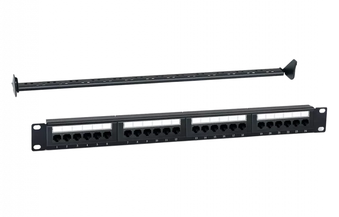 WRline WR-PL-24-C5E-D Патч-панель 19" (1U), 24 порта RJ-45, категория 5e, Dual IDC, с задним кабельным организатором, цвет черный