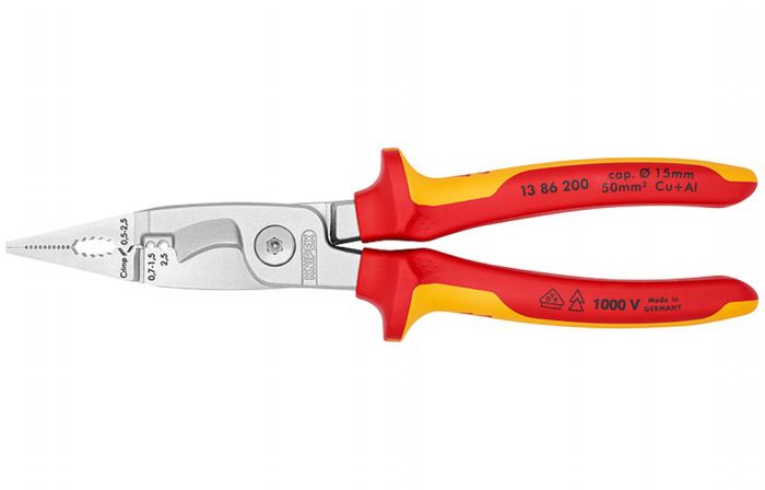 KN-1386200	Клещи электромонтажные VDE, 6-в-1, 200 мм, хром, 2-комп диэлектрические ручки