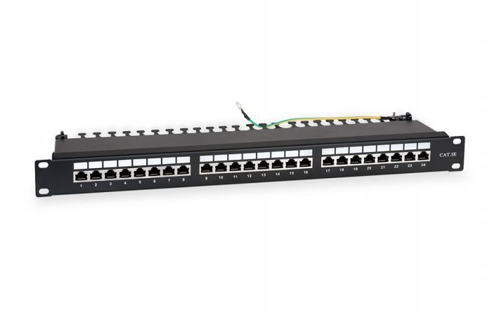 WRline WR-PL-24-C5E-SH-D Патч-панель 19"(1U), 24 порта RJ-45 полностью экранированная, категория 5e, Dual IDC, цвет черный