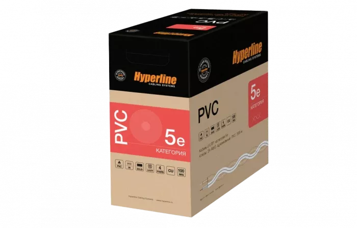 41903 Hyperline UUTP4-C5E-S24-IN-PVC-GY-305 (305 м) Кабель витая пара, неэкранированная U/UTP, категория 5e, 4 пары (24 AWG), одножильный (solid), PVC