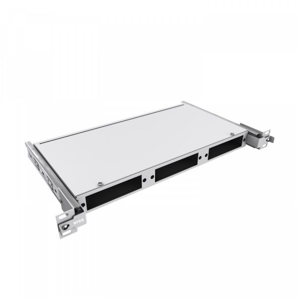 Кросс NTSS оптический выдвижной 19'' частично укомплектованный 1U, 8/16/24 портов SС (планки SC-3шт, планка-заглушка-2шт, сплайс-кассета-1шт) серый RAL 7035