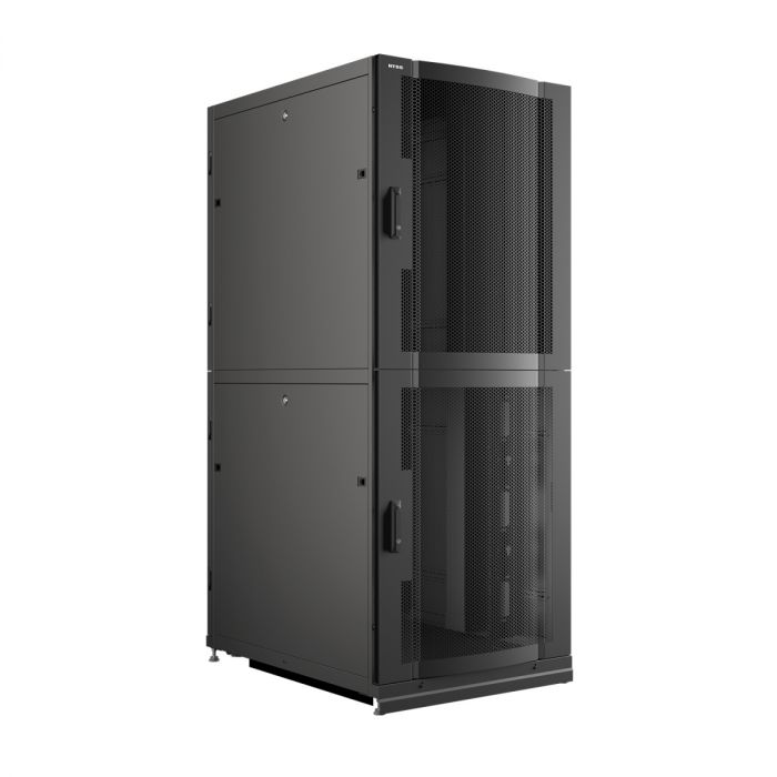 Шкаф напольный серверный NTSS CoDS 48U 800х1200мм, 2 секции по 23U, двойные боковые стенки, панель потолка и пола с щеточными вводами, двери перфорированная и перфорированная двухстворчатая, регулируемые опоры, ролики, черный RAL 9005