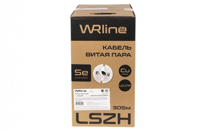 WRline WR-UTP-4P-C5E-LSZH-GY Кабель витая пара, неэкранированный U/UTP, категория 5e, 4 пары (0,50 мм), одножильный, внутренний, LSZH, нг(A)-HF, серый, 305 м