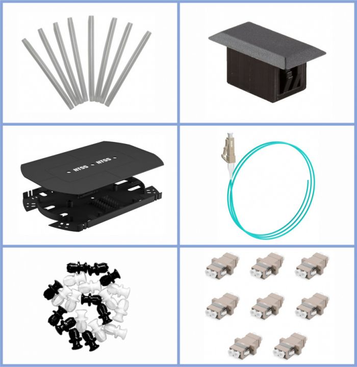 Кросс NTSS оптический настенный, укомплектованный, 24 порта LC/UPC duplex, 50/125 мкм ОМ3 (планки, сплайс-кассета 2шт, пигтейлы, КДЗС, адаптеры) серый RAL 7035
