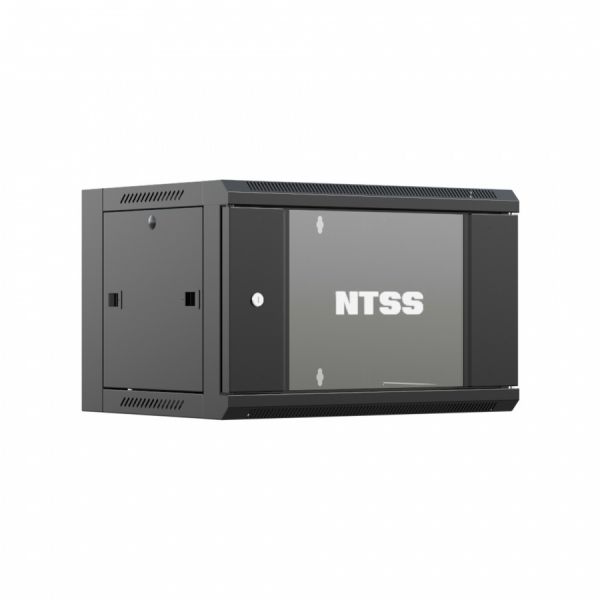 Шкаф настенный телекоммуникационный NTSS W 9U 600х600х500мм, 2 профиля 19, дверь стеклянная, боковые стенки съемные, задняя стенка, разобранный, черный RAL 9005
