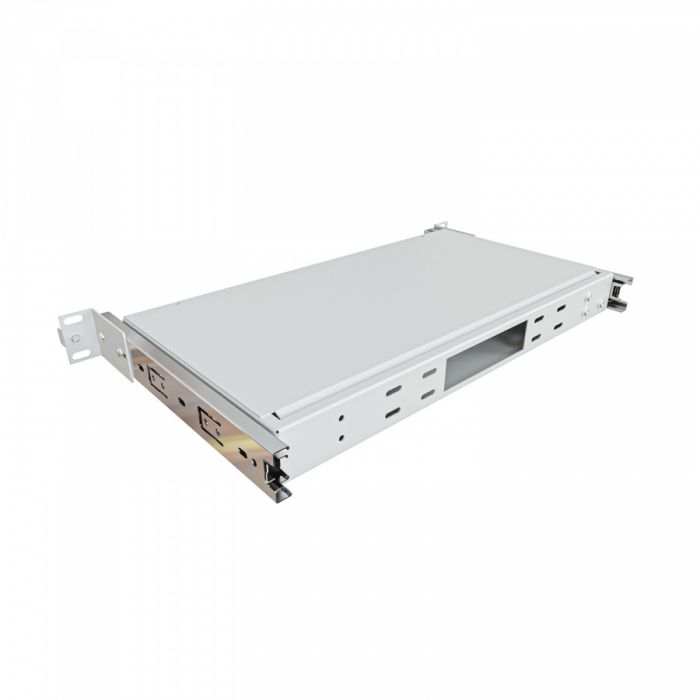 Кросс NTSS оптический выдвижной 19'' укомплектованный 1U, 16 портов LC/UPC duplex, 50/125 мкм ОМ3 (планки, сплайс-кассета, пигтейлы, КДЗС, адаптеры) серый RAL 7035