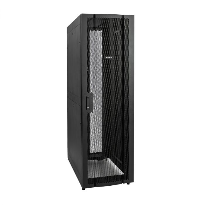 Шкаф напольный серверный NTSS ПРОЦОД DS 48U 600х1070мм, двойные боковые стенки, панель потолка с щеточными вводами, двери перфорированная и перфорированная двухстворчатая, без панели пола, регулируемые опоры, ролики, черный RAL 9005
