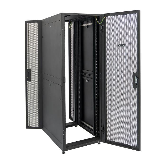 Шкаф напольный серверный NTSS ПРОЦОД DS 42U 600х1070мм, двойные боковые стенки, панель потолка с щеточными вводами, двери перфорированная и перфорированная двухстворчатая, без панели пола, регулируемые опоры, ролики, черный RAL 9005