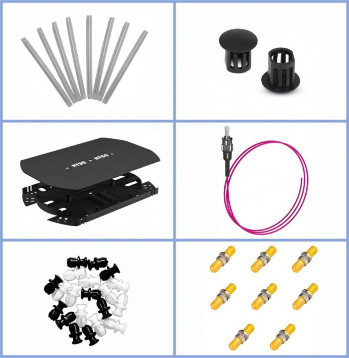 Кросс NTSS оптический 19'' укомплектованный 1U, 32 порта ST/UPC, 50/125 мкм ОМ4 (сплошная панель, сплайс-кассета, пигтейлы, КДЗС, адаптеры) серый RAL 7035