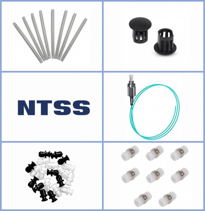 Кросс NTSS оптический настенный Мини, укомплектованный, 8 портов FC/UPC, 50/125 мкм ОМ3 (планка, ложемент, пигтейлы, КДЗС, адаптеры) серый RAL 7035