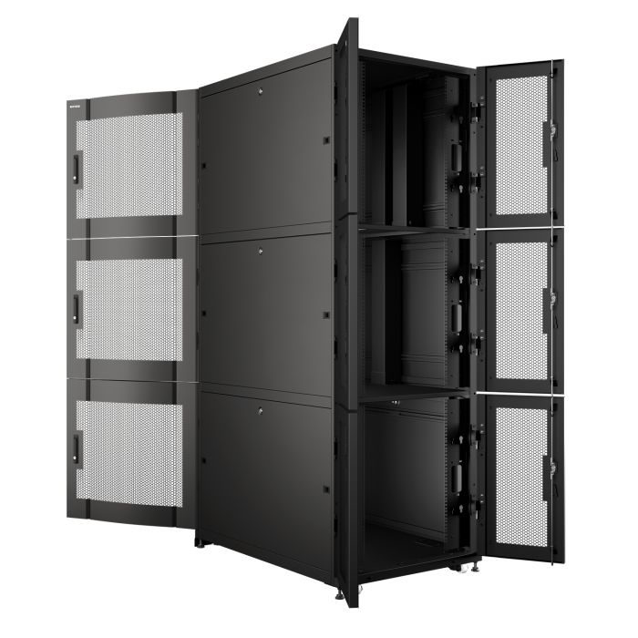 Шкаф напольный серверный NTSS CoDS 42U 800х1200мм, 3 секции по 13U, двойные боковые стенки, панель потолка и пола с щеточными вводами, двери перфорированная и перфорированная двухстворчатая, регулируемые опоры, ролики, черный RAL 9005
