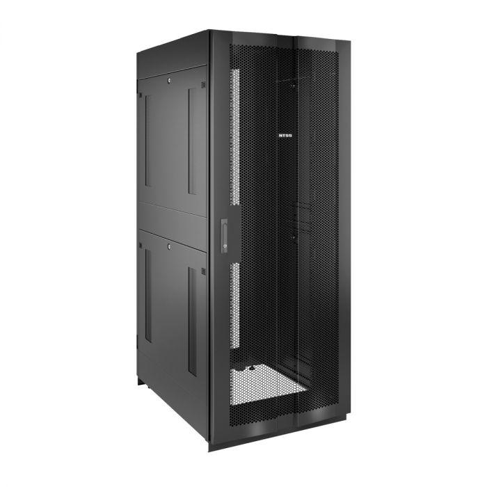 Шкаф напольный для ЦОД серверный NTSS ПРОЦОД PC-V2 45U 600х1070мм, 4 профиля 19, двойные боковые стенки, панель потолка с вводами, без панели пола, двери перфорированная и перфорированная двухстворчатая, регулируемые опоры, ролики, черный RAL 9005