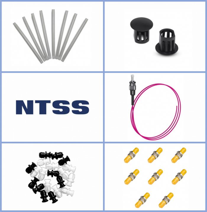 Кросс NTSS оптический настенный Мини, укомплектованный, 4 порта ST/UPC, 50/125 мкм ОМ4 (планка, ложемент, пигтейлы, КДЗС, адаптеры) серый RAL 7035