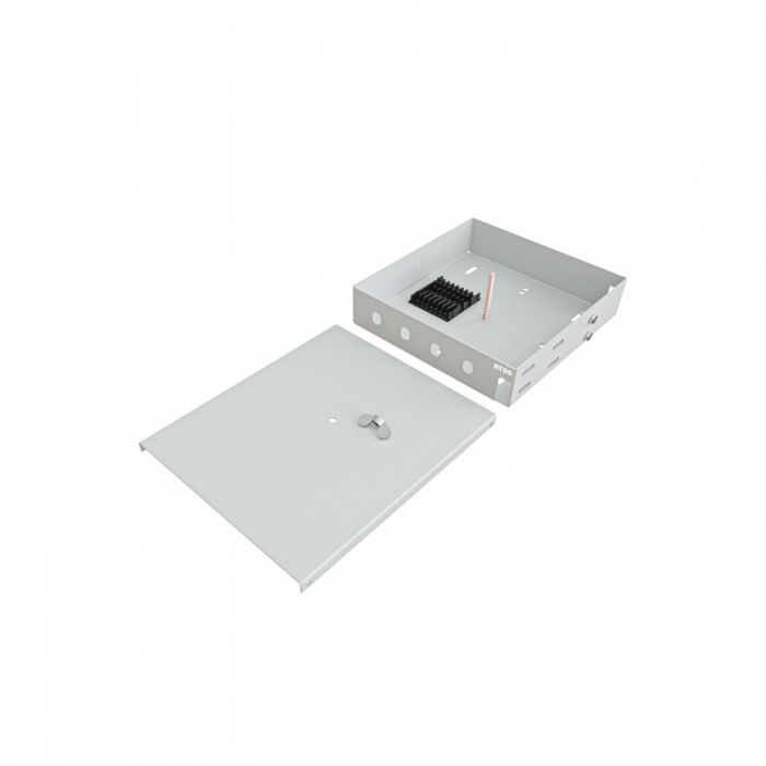 Кросс NTSS оптический настенный Микро, укомплектованный, 4 порта FC/UPC, 50/125 мкм ОМ3 (сплошная панель, ложемент, пигтейлы, КДЗС, адаптеры) серый RAL 7035