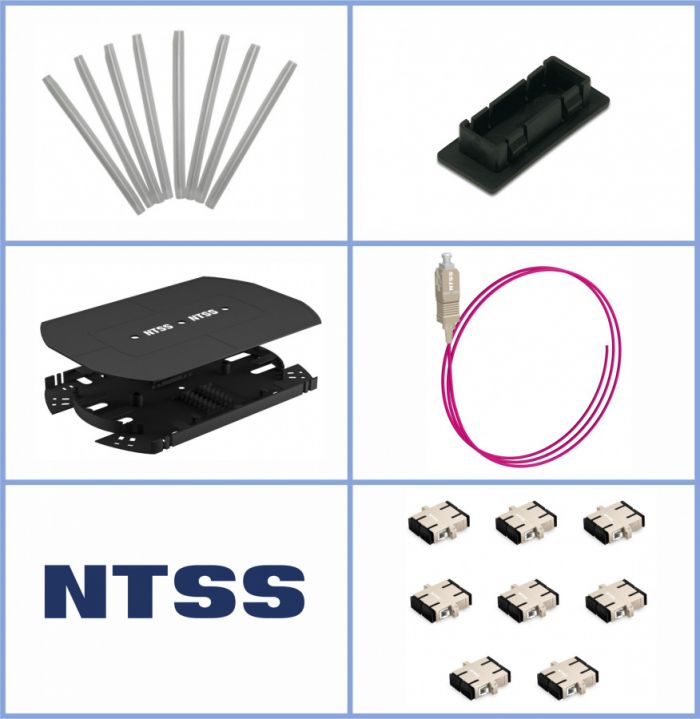 Кросс NTSS оптический 19'' укомплектованный 1U, 8 портов SC/UPC duplex, 50/125 мкм ОМ4 (сплошная панель, сплайс-кассета, пигтейлы, КДЗС, адаптеры) черный RAL 9005