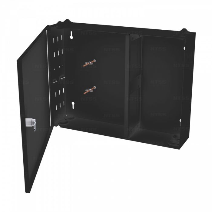 Кросс NTSS оптический настенный частично укомплектованный 48 портов 2LC (планка 2LC 24 порта - 2шт, сплайс-кассета-3шт) черный RAL 9005