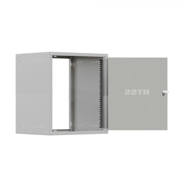 Шкаф настенный телекоммуникационный NTSS LIME 9U 550х450х500мм, 2 профиля 19, дверь стеклянная, боковые стенки несъемные, разобранный, серый RAL 7035