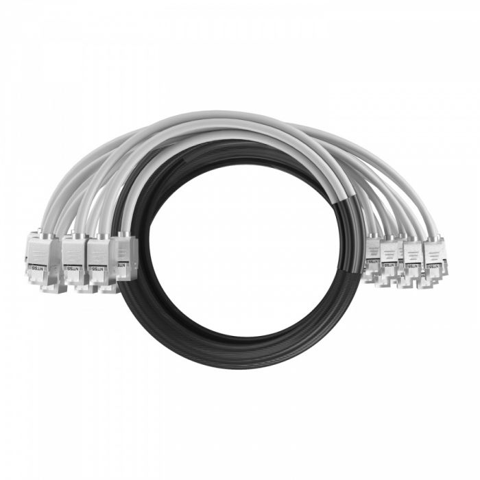 Кабельная сборка NTSS PREMIUM 12pc, S/FTP CAT6A, оконцована разъемами KEYSTONE RJ45 FTP CAT6A, заделка в чулке, вывод 0.6м, длина 9м, LSZH, серый