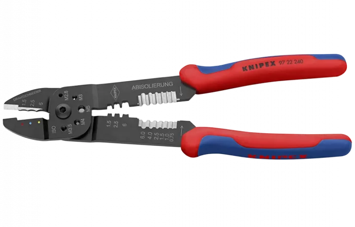 KN-9722240	Пресс-клещи, 3 гнезда, изол. кабельные наконечники и соединители 0.5-6.0 мм², неизол. открытые штекеры 6.3 мм: 0.5-2.5 мм², 240 мм