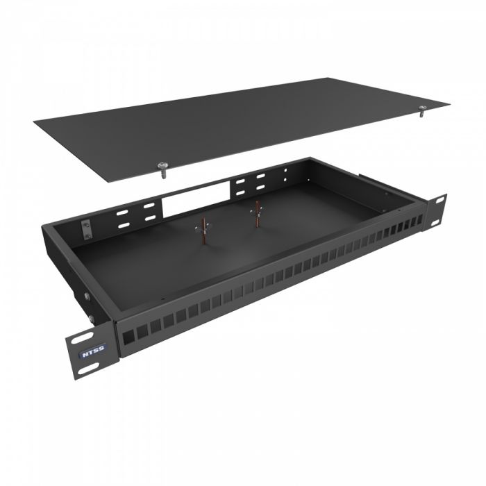 Кросс NTSS оптический 19'' частично укомплектованный 1U, 32 порта SC (сплошная панель, сплайс-кассета-1шт) черный RAL 9005