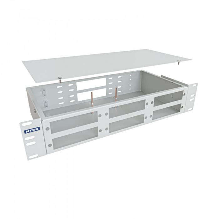 Кросс NTSS оптический 19'' укомплектованный 2U, 32 порта LC/UPC duplex, 9/125 мкм (планки, сплайс-кассета 2шт, пигтейлы, КДЗС, адаптеры) серый RAL 7035