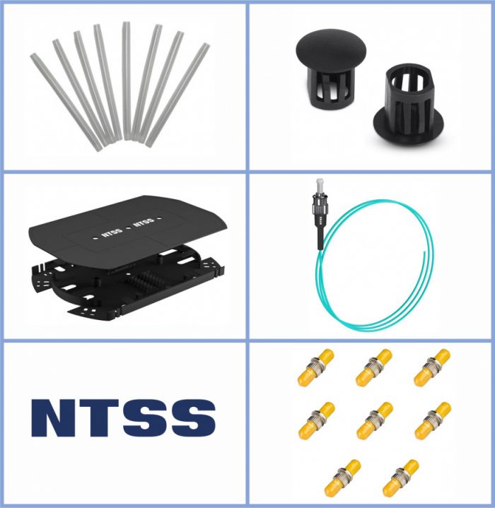 Кросс NTSS оптический 19'' укомплектованный 2U, 64 порта ST/UPC, 50/125 мкм ОМ3 (сплошная панель, сплайс-кассета 2шт, пигтейлы, КДЗС, адаптеры) черный RAL 9005