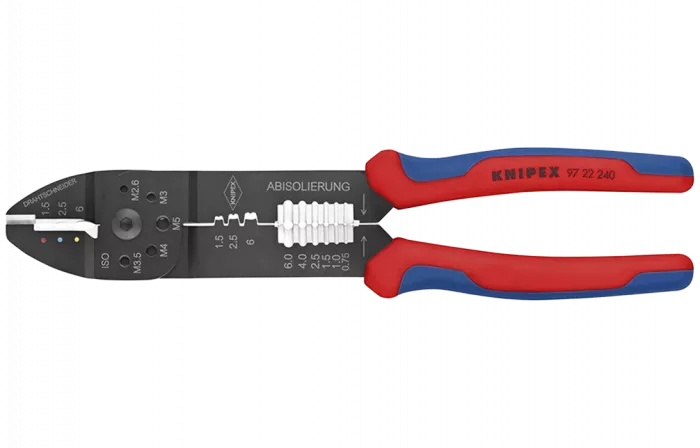 KN-9722240	Пресс-клещи, 3 гнезда, изол. кабельные наконечники и соединители 0.5-6.0 мм², неизол. открытые штекеры 6.3 мм: 0.5-2.5 мм², 240 мм