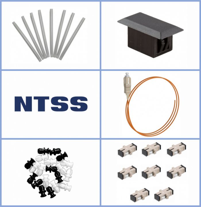 Кросс NTSS оптический настенный Мини, укомплектованный, 4 порта SC/UPC, 50/125 мкм (планка, ложемент, пигтейлы, КДЗС, адаптеры) серый RAL 7035