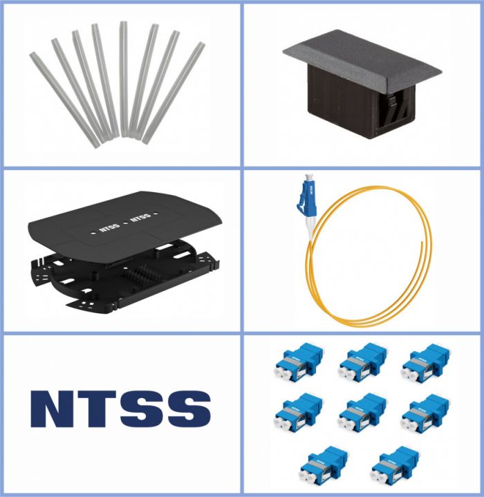 Кросс NTSS оптический 19'' укомплектованный 1U, 32 порта LC/UPC duplex, 9/125 мкм (сплошная панель, сплайс-кассета 2шт, пигтейлы, КДЗС, адаптеры) серый RAL 7035