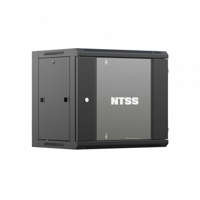 Шкаф настенный телекоммуникационный NTSS W 12U 600х600х635мм, 2 профиля 19, дверь стеклянная, боковые стенки съемные, задняя стенка, разобранный, черный RAL 9005