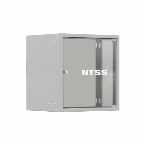 Шкаф настенный телекоммуникационный NTSS LIME 9U 550х600х500мм, 2 профиля 19, дверь стеклянная, боковые стенки несъемные, разобранный, серый RAL 7035
