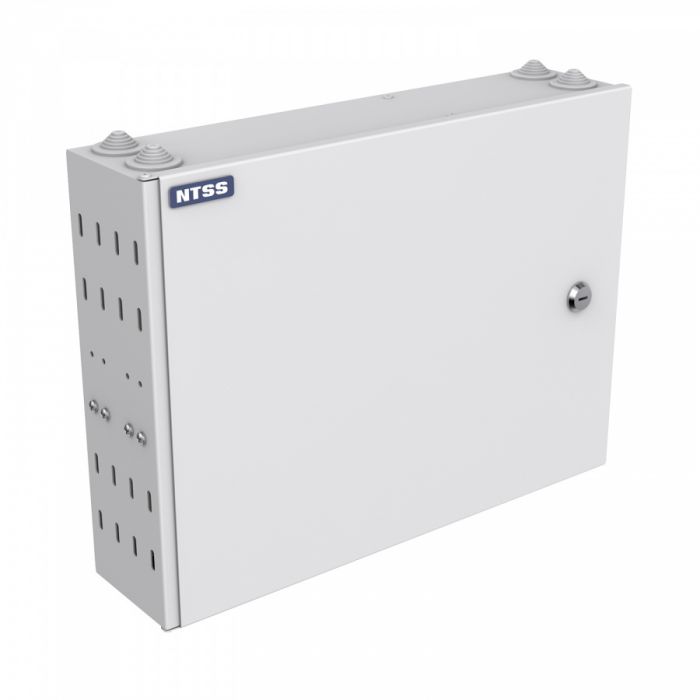 Кросс NTSS оптический настенный, укомплектованный, 32 порта ST/UPC, 9/125 мкм (планки, сплайс-кассета, пигтейлы, КДЗС, адаптеры) серый RAL 7035