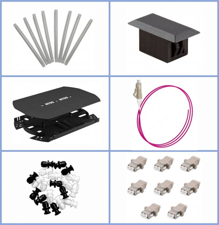 Кросс NTSS оптический 19'' укомплектованный 1U, 4 порта LC/UPC duplex, 50/125 мкм ОМ4 (планки, сплайс-кассета, пигтейлы, КДЗС, адаптеры) серый RAL 7035