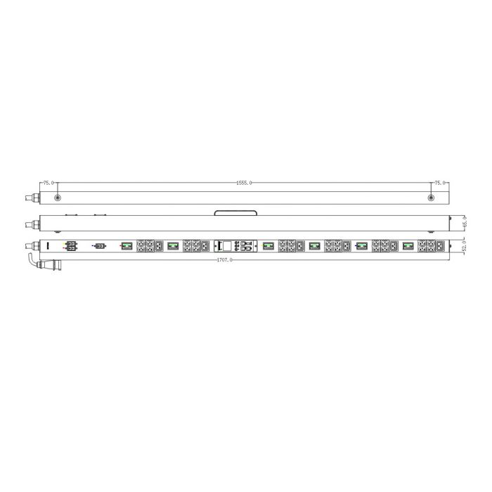 Блок распределения питания NTSS Managed, 3ф32А, 22кВт, 3 автоматических выключателя, (24)С13, (6)С19, 3м кабель с вилкой IEC 60309, 1776х65х65 мм